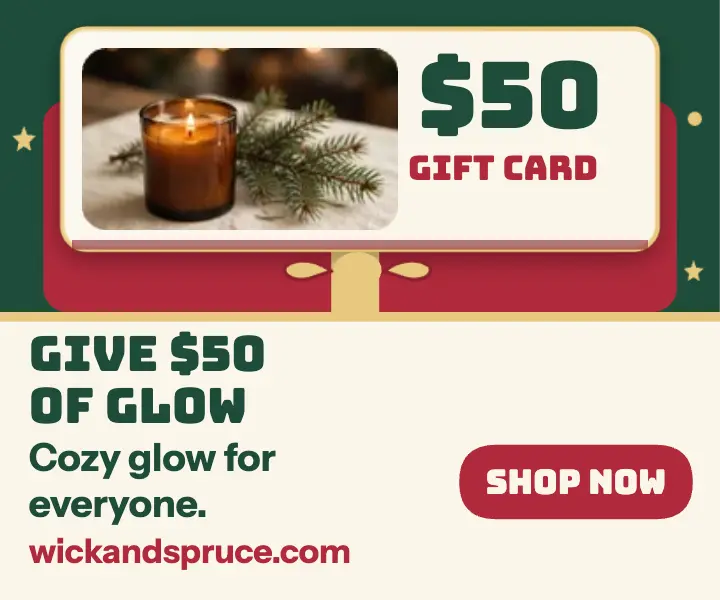 Wick and Spruce holiday gift card ad: gift card ad template