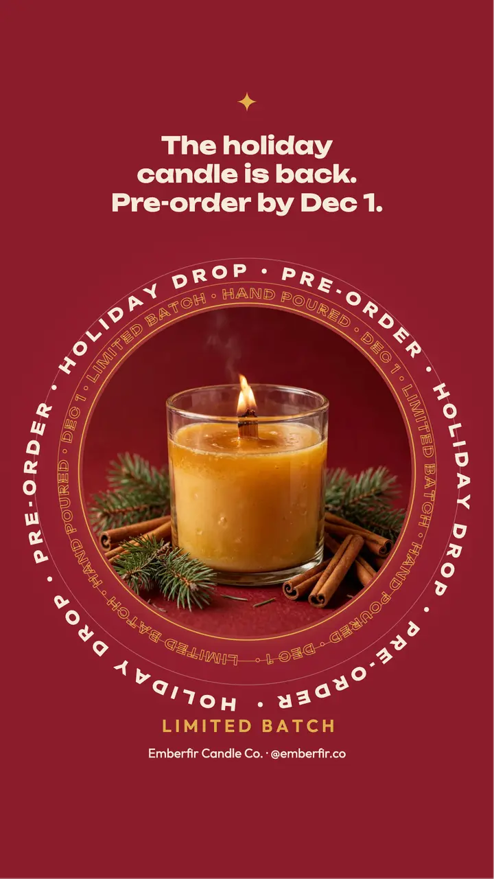 Holiday candle pre-order story, orbiting text rings template