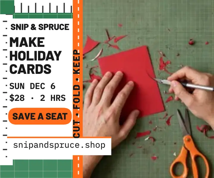 Snip and Spruce holiday card workshop ad template