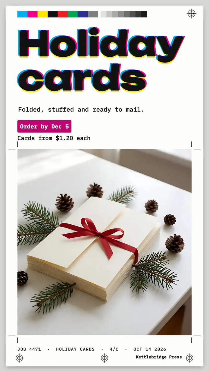 Kettlebridge Press holiday cards proof story template