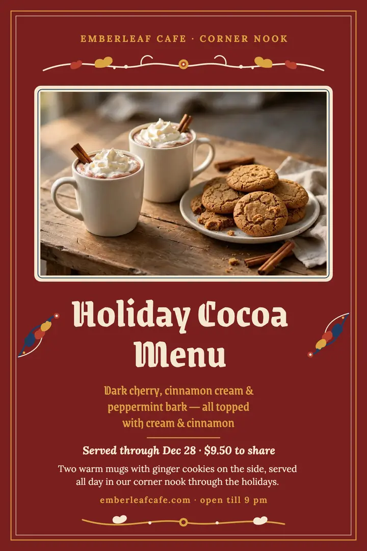 Emberleaf Cafe holiday cocoa menu poster template