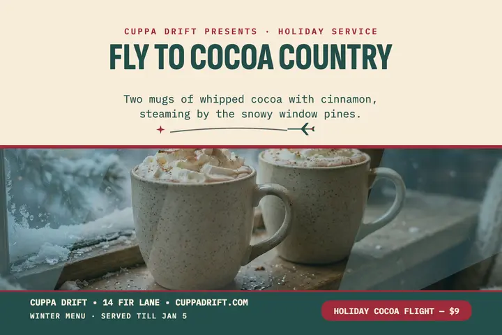 Cuppa Drift holiday cocoa flight postcard: hot cocoa postcard template