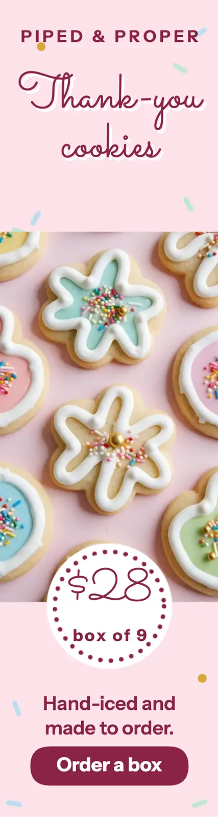Thank-you cookie box skyscraper ad, iced cookie piping: thank-you cookie box ad template