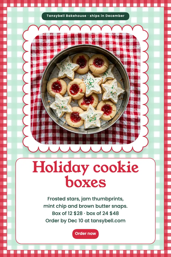 Holiday cookie box pre-order poster, heritage gingham template