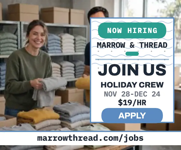 Marrow and Thread holiday crew hiring ad: holiday hiring ad template