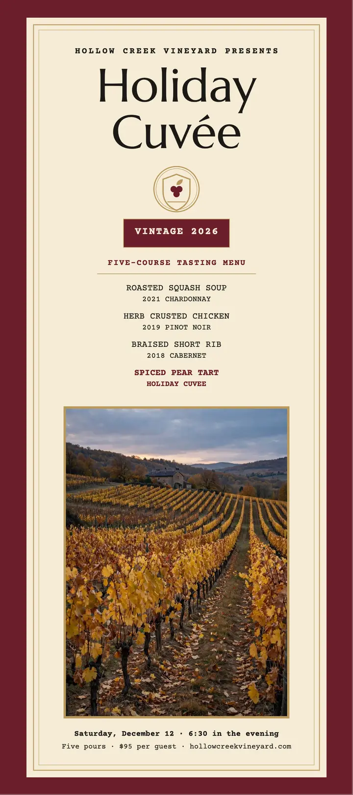 Holiday Cuvee Dinner rack card, Hollow Creek Vineyard: holiday wine dinner card template