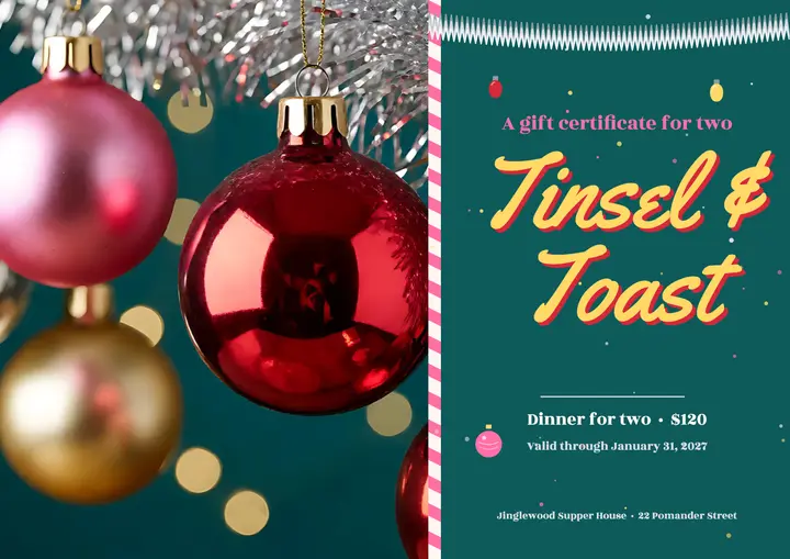 Jinglewood Supper House holiday gift certificate template