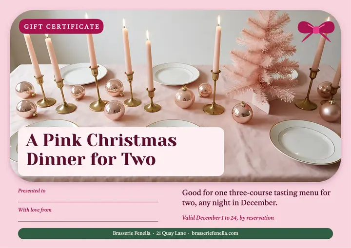 Brasserie Fenella Christmas dinner gift certificate template