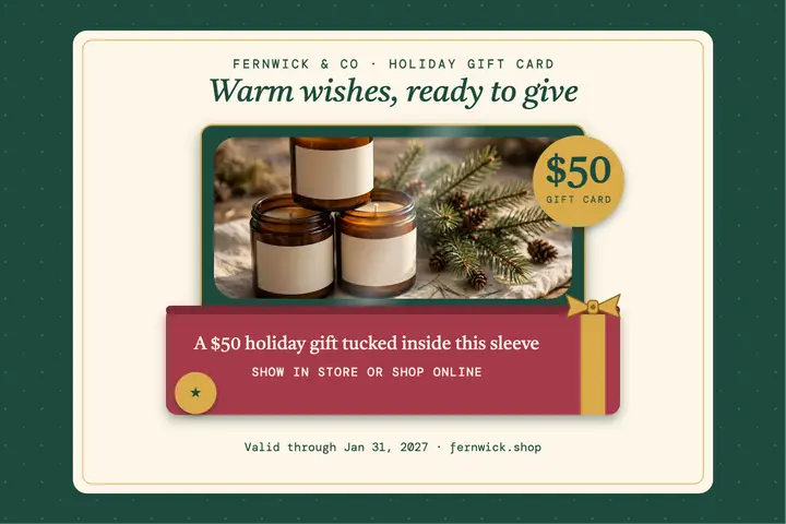 Fernwick holiday gift card reveal postcard template