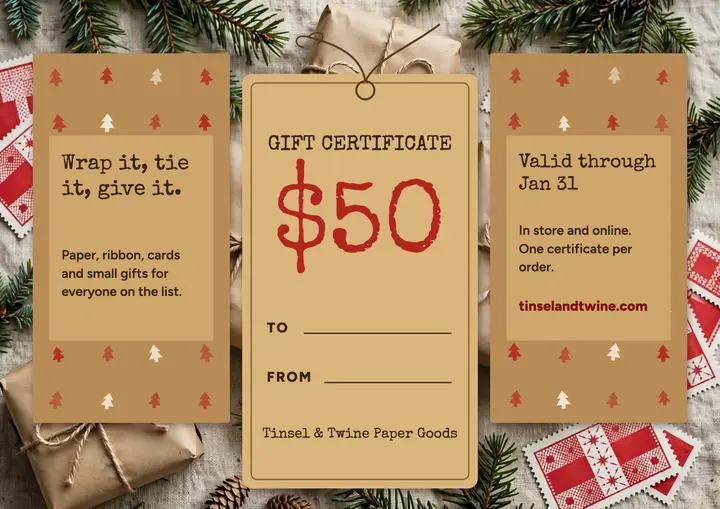 Tinsel and Twine holiday gift certificate: holiday gift certificate template
