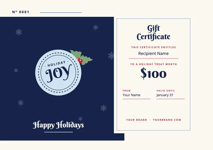 Holiday gift certificate with ice-blue stamp: holiday gift certificate template