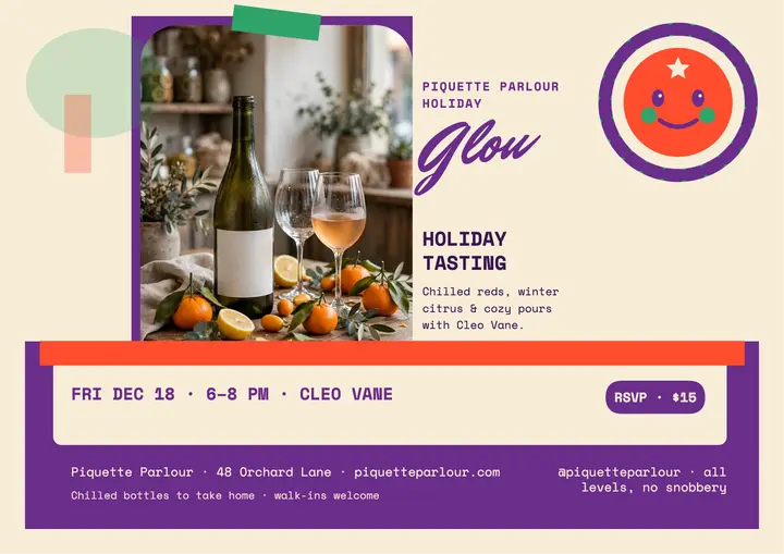 Piquette Parlour holiday tasting card: wine tasting card template