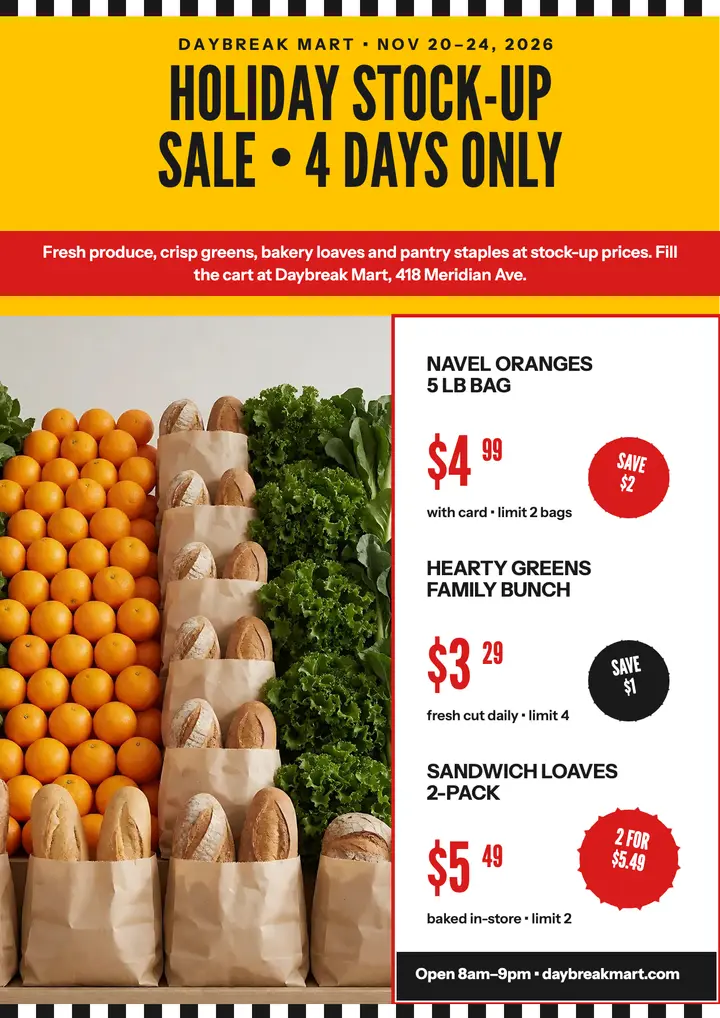 Daybreak Mart holiday stock-up sale flyer: grocery sale flyer template