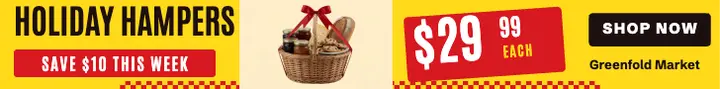 Holiday hamper sale leaderboard, supermarket flyer: holiday gift hamper sale banner ad template