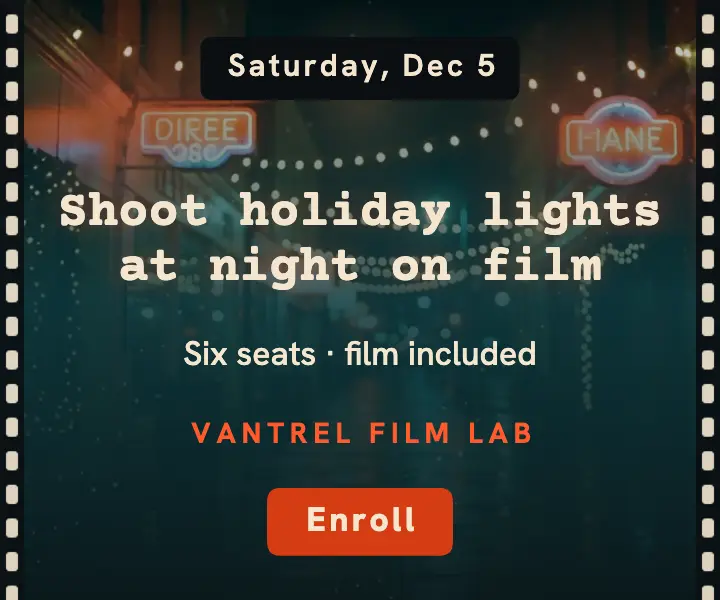 Vantrel Film Lab holiday lights night workshop ad template