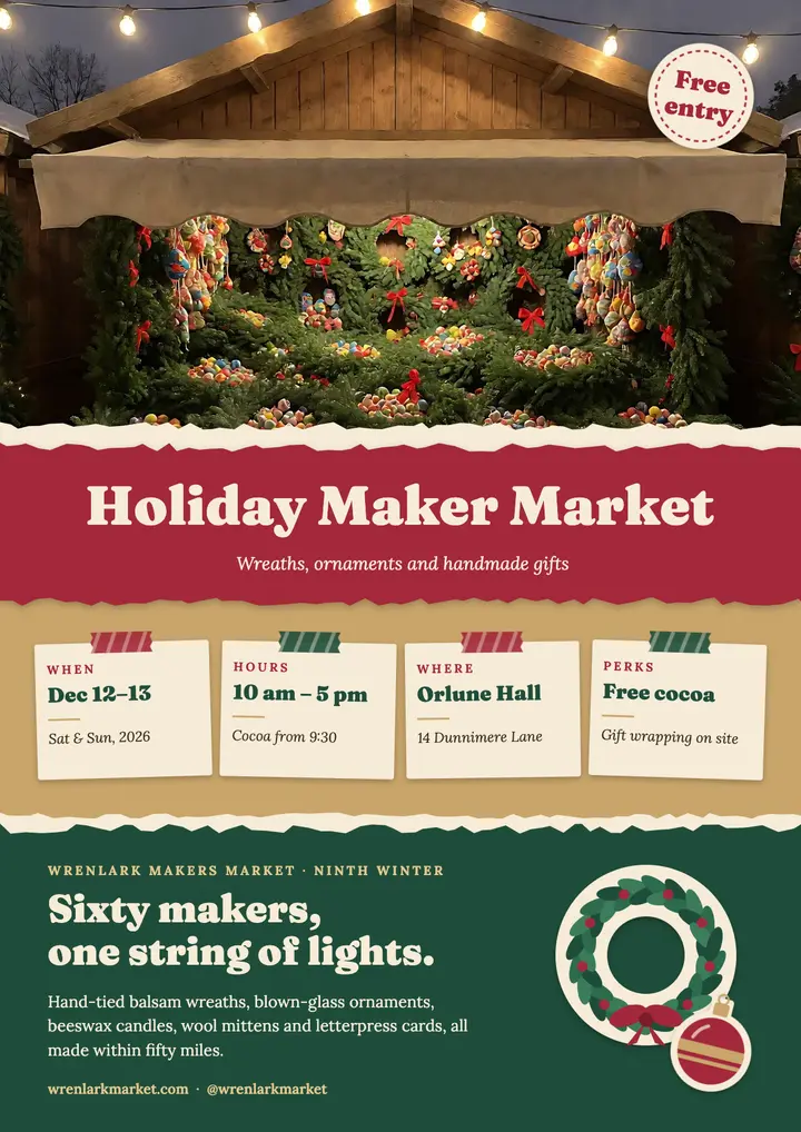 Wrenlark holiday makers market flyer, paper collage template