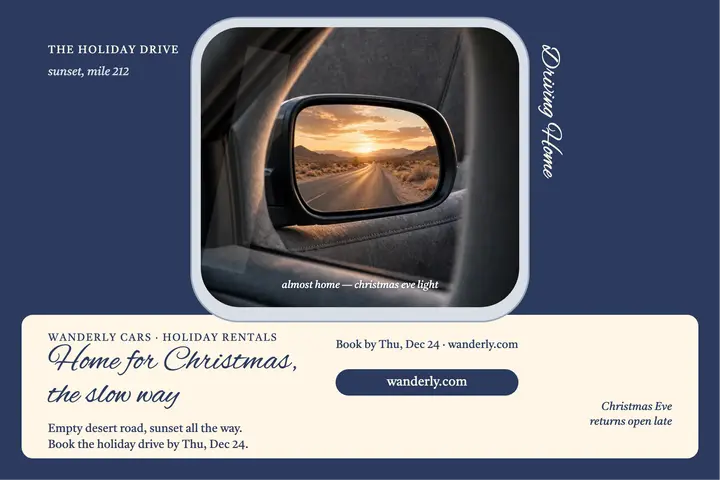 Wanderly holiday mirror road postcard: holiday road trip postcard template