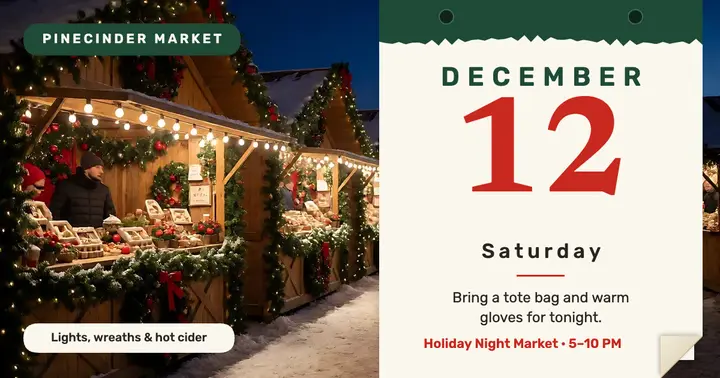 Pinecinder holiday night market tear-off calendar post template