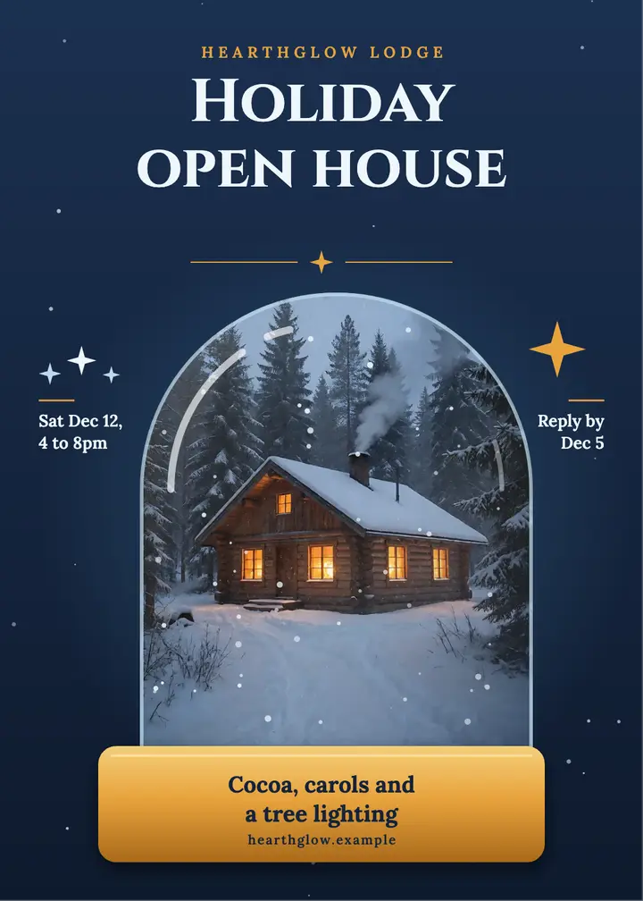 Hearthglow Lodge holiday open house snow globe invitation template