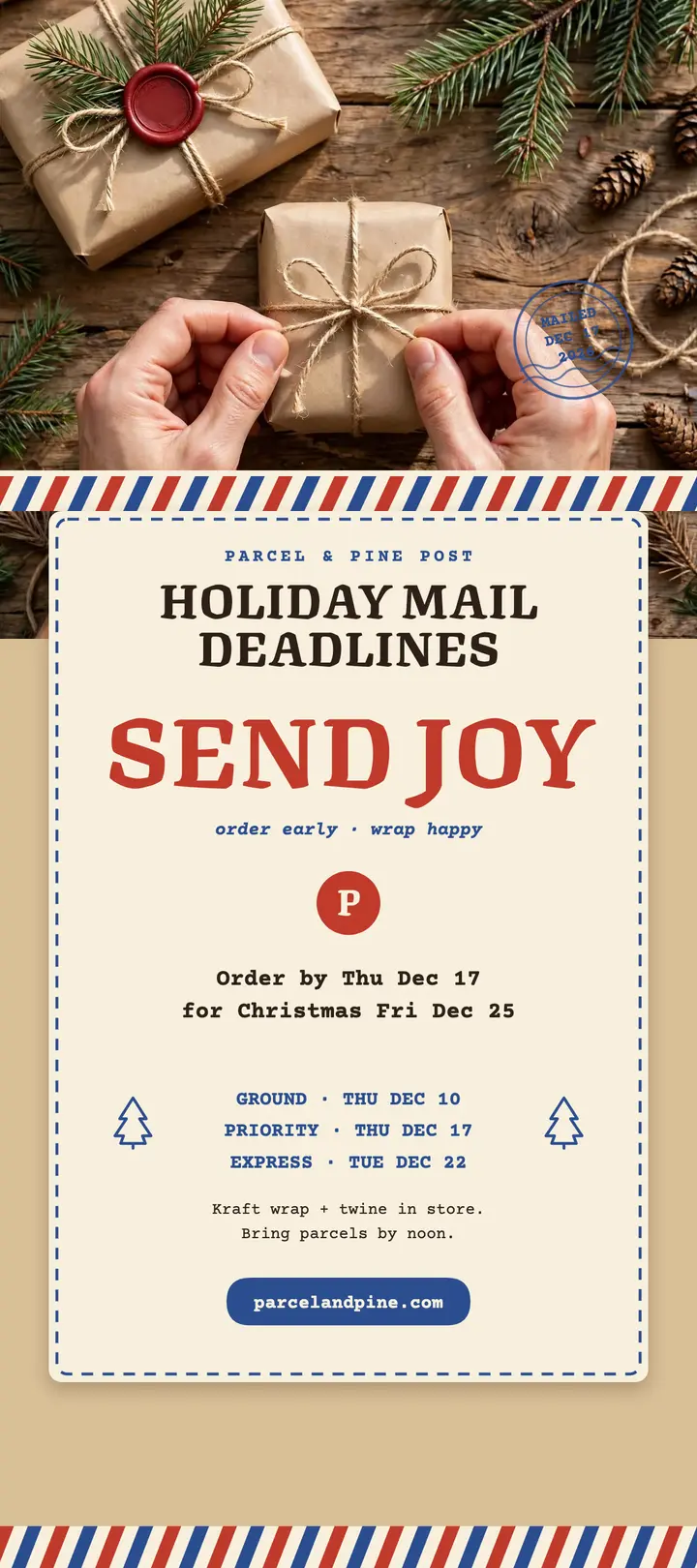 Parcel and Pine holiday mailer rack card: holiday shipping deadlines rack card template