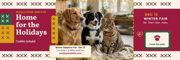Woollypaw holiday adoption fair header: pet adoption header template
