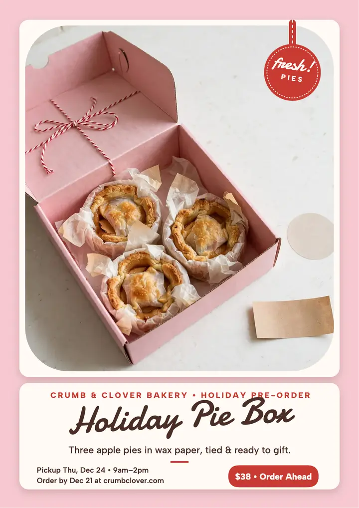 Holiday pie box flyer, bakery string box template