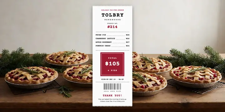 Tolbry Bakehouse holiday pie pre-order receipt post template