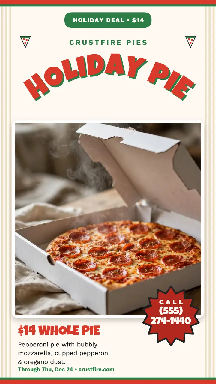 Crustfire holiday pie deal story: holiday pizza deal story template