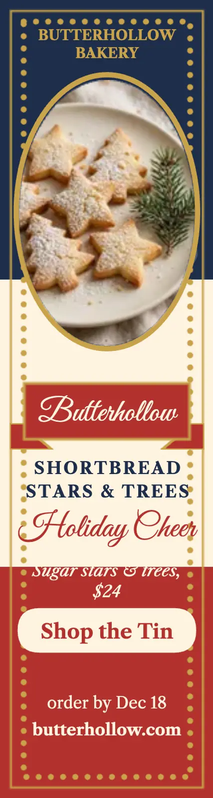 Butterhollow holiday shortbread tin ad: holiday shortbread ad template