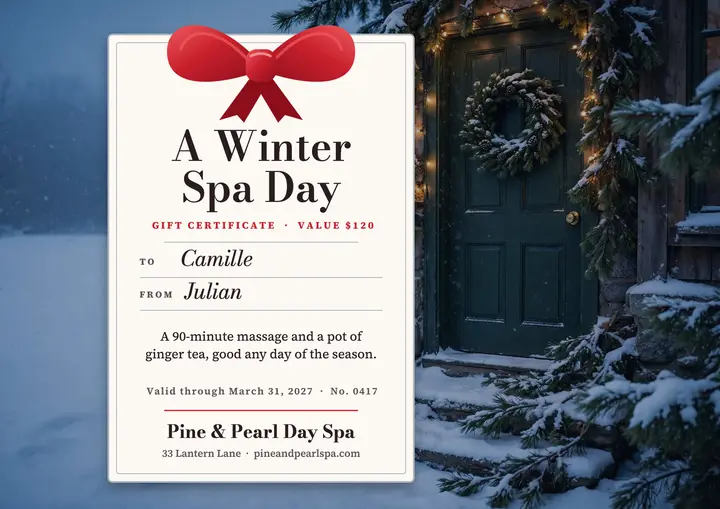 Holiday spa gift certificate with a giant bow template