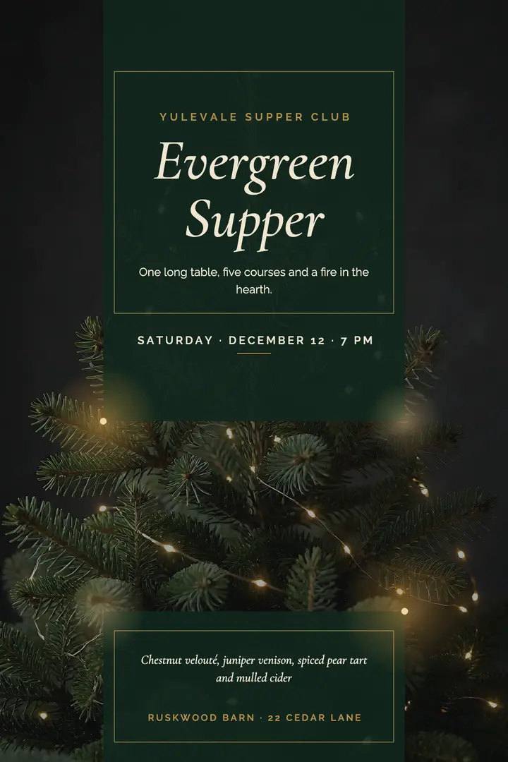 Yulevale Supper Club evergreen supper poster, moody glow template