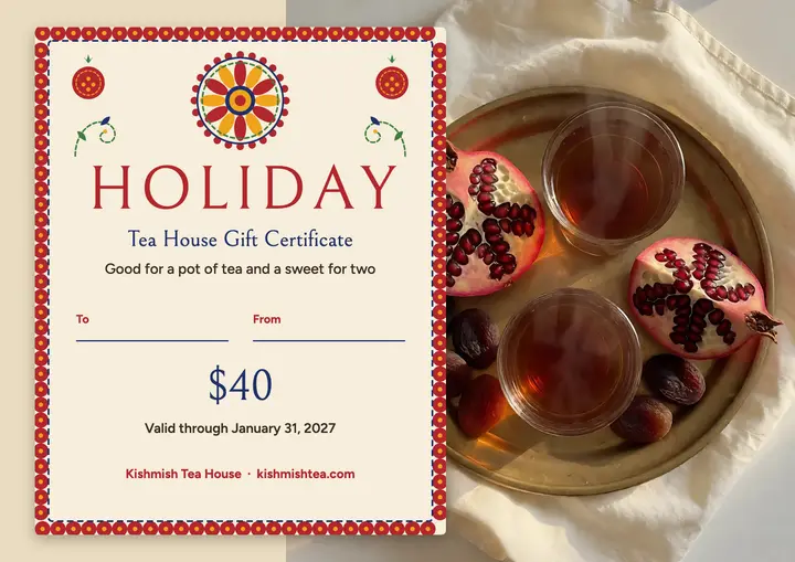 Kishmish tea house holiday gift certificate template
