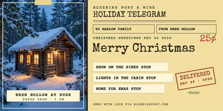Snowy cabin holiday telegram post template