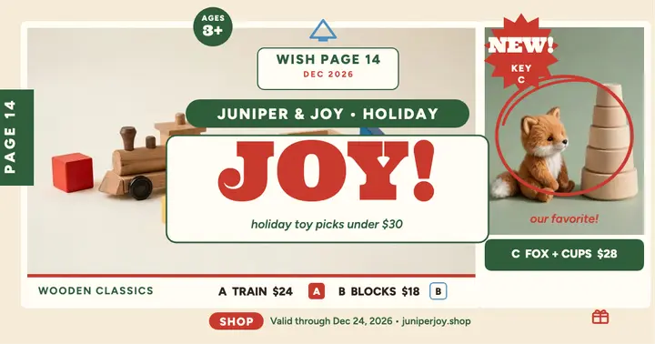 Juniper and Joy holiday toy catalog page template