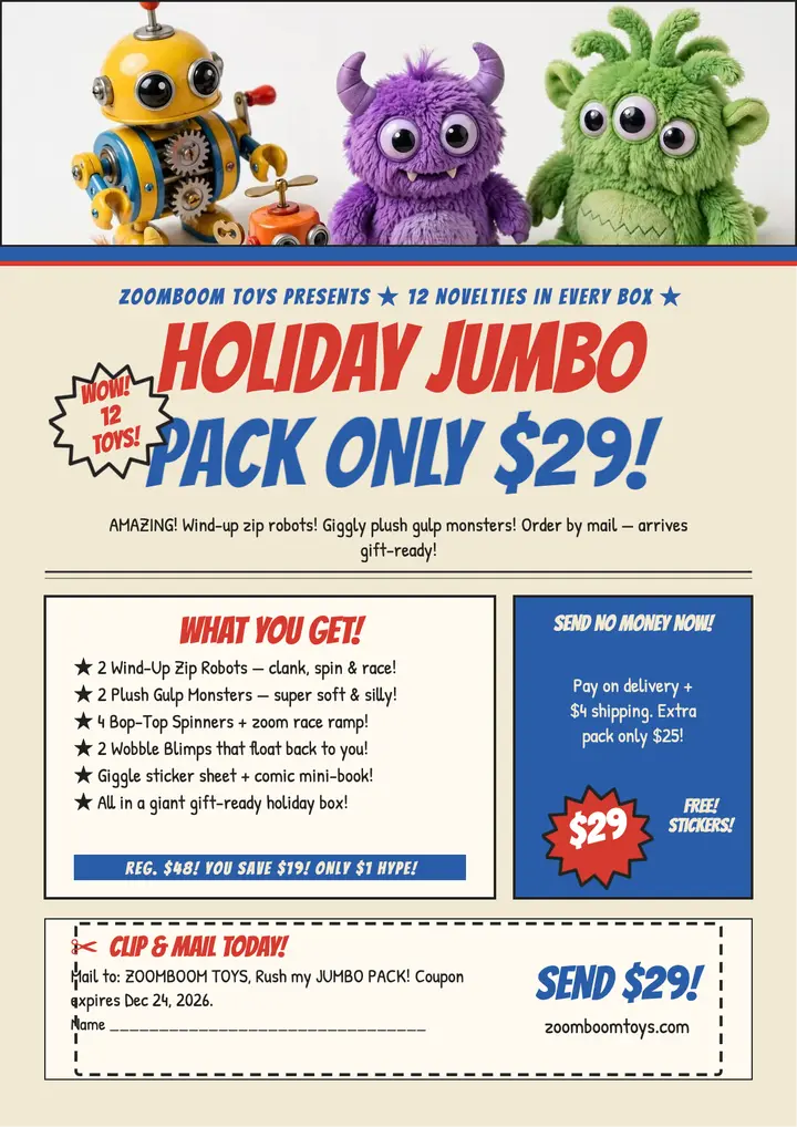 Zoomboom holiday toy comic flyer: holiday toy sale flyer template