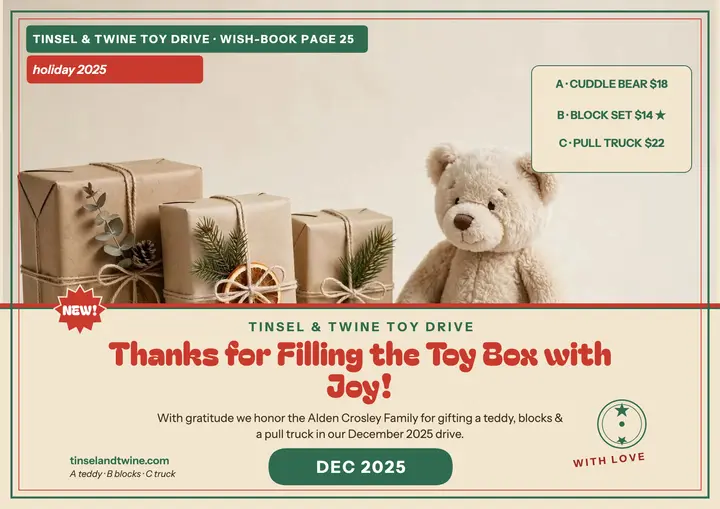 Tinsel Twine toy drive catalog certificate template
