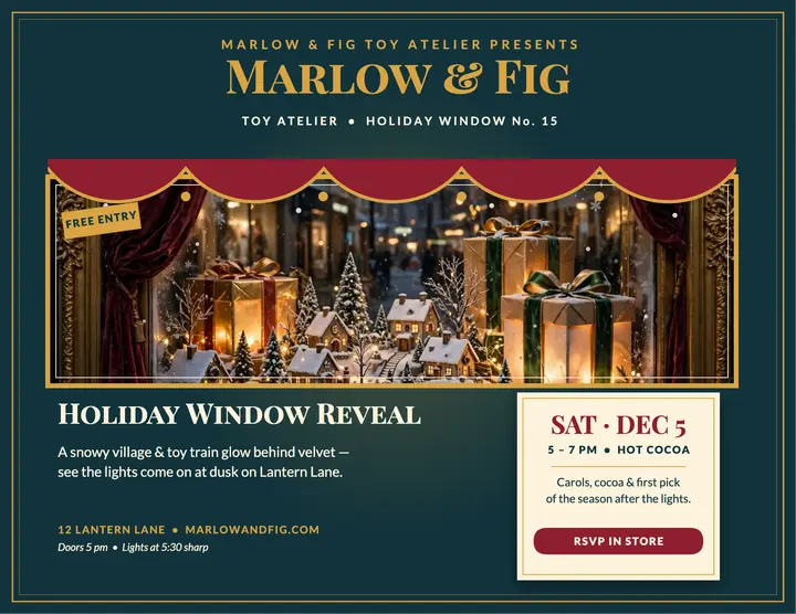 Marlow and Fig holiday window reveal flyer template