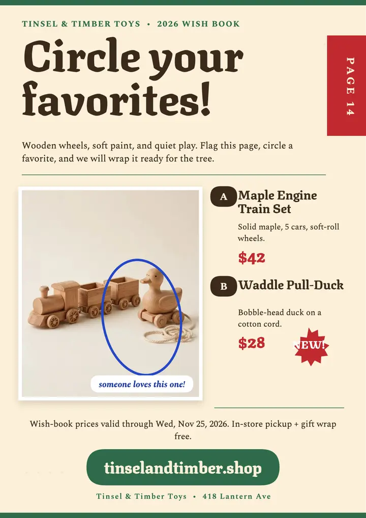 Tinsel and Timber holiday toy wish book page template