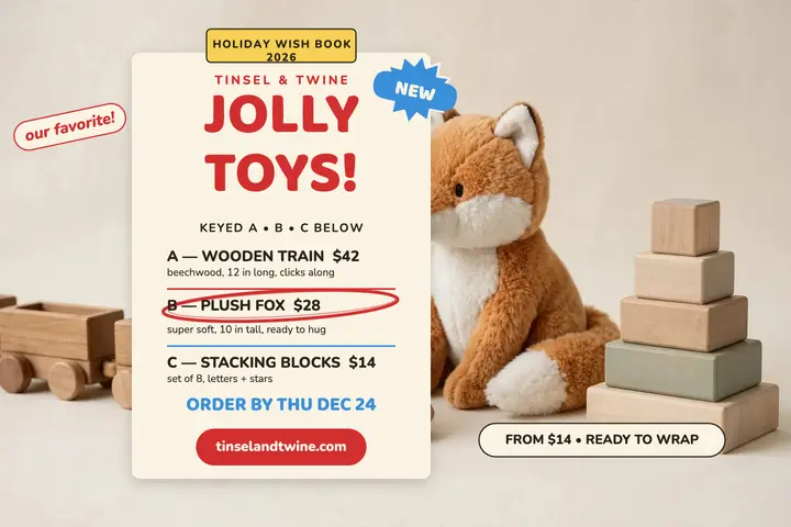 Tinsel and Twine holiday toy wish book postcard template