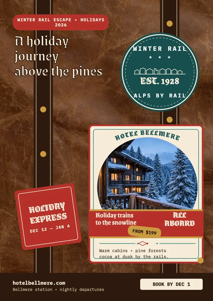 Hotel Bellmere winter rail escape trunk flyer: holiday train travel flyer template