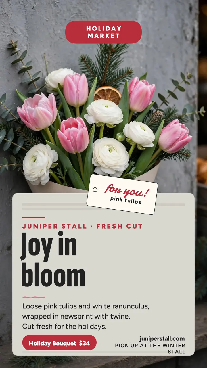 Holiday tulip bouquet newsprint story template
