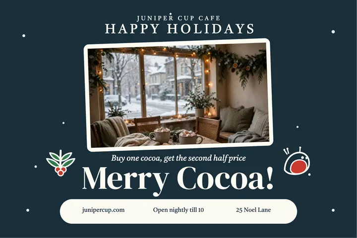 Juniper Cup cocoa holiday window postcard template