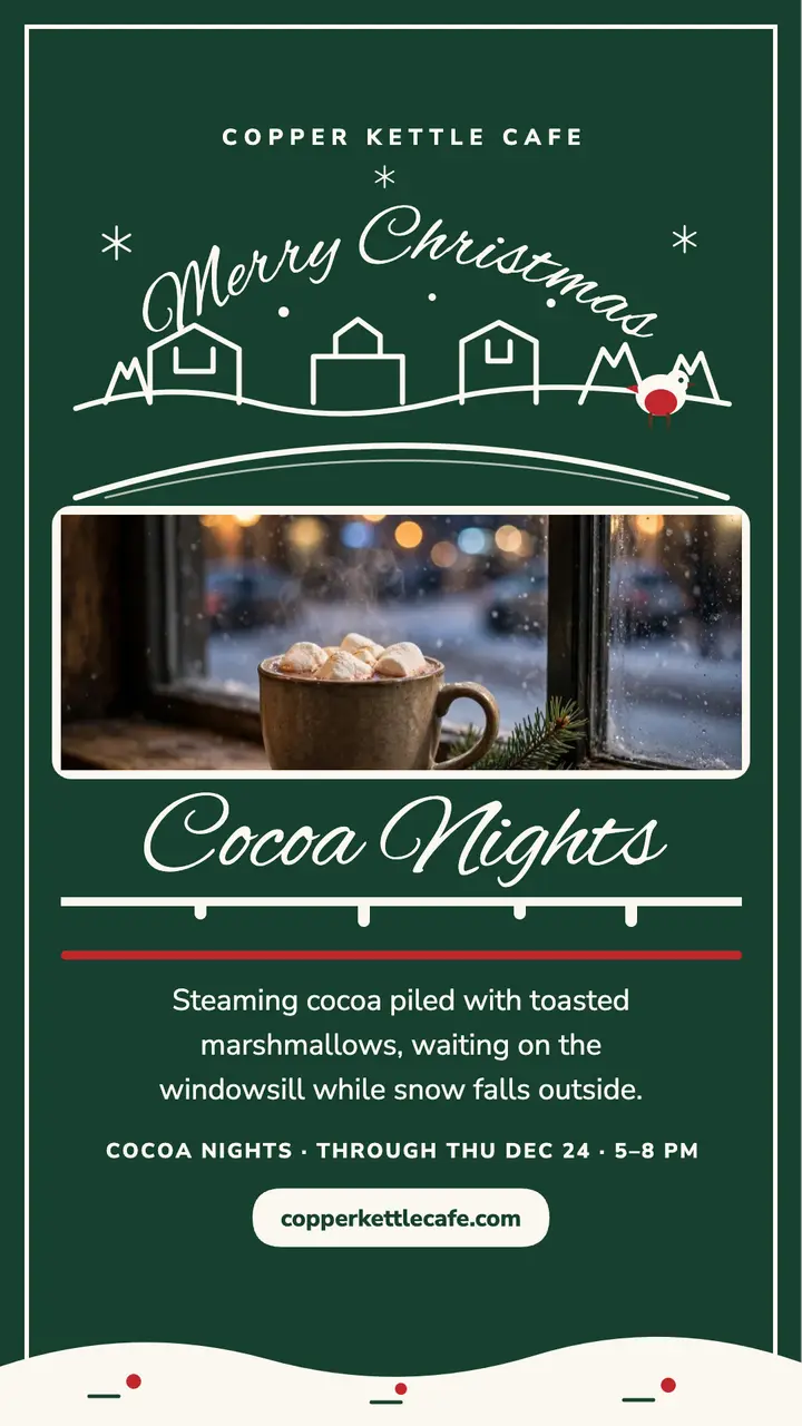 Copper Kettle cocoa nights window story: christmas cocoa story template