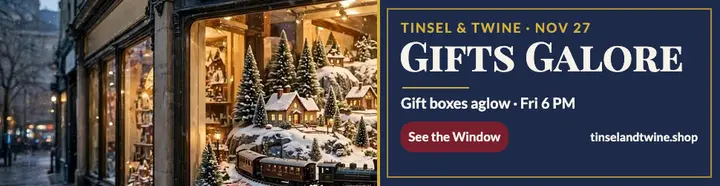 Tinsel and Twine holiday window billboard: holiday window reveal billboard template