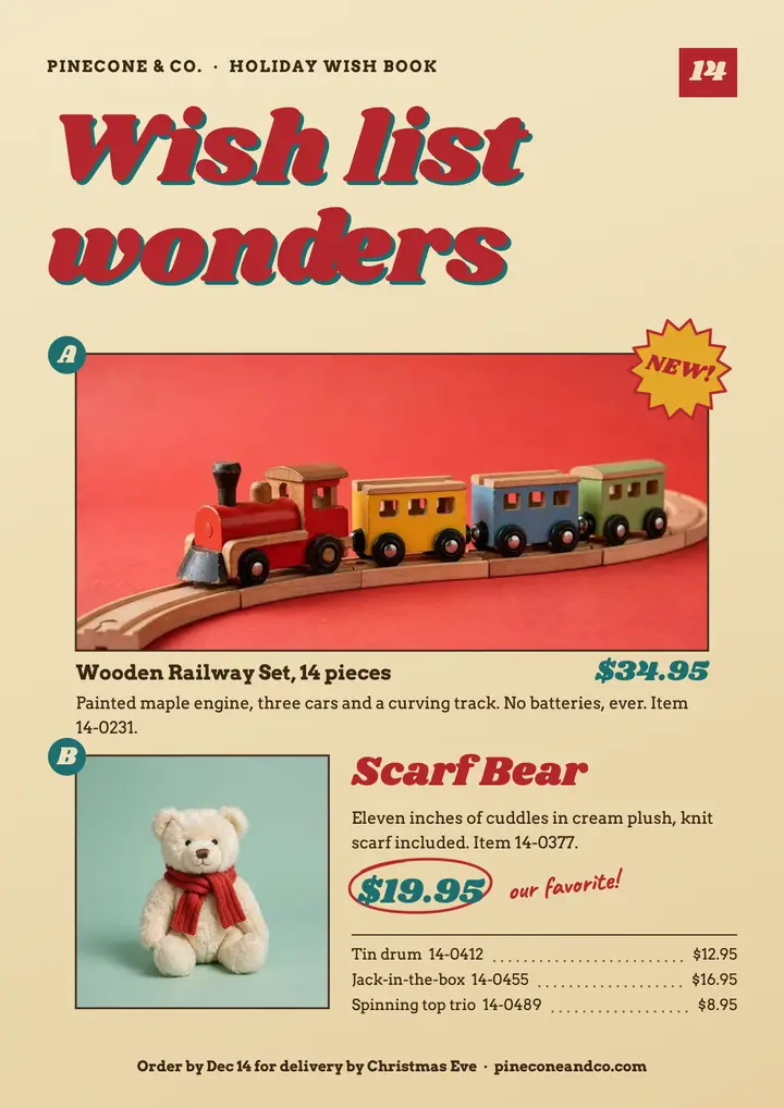 Pinecone & Co. holiday wish book page template
