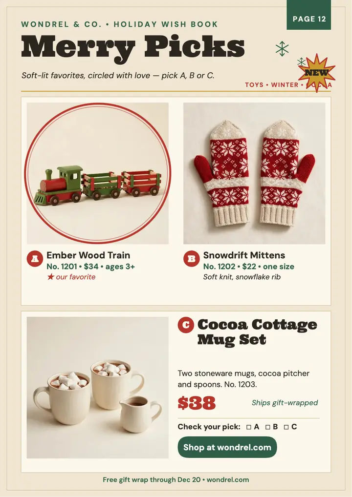 Wondrel holiday wish book gifts flyer template