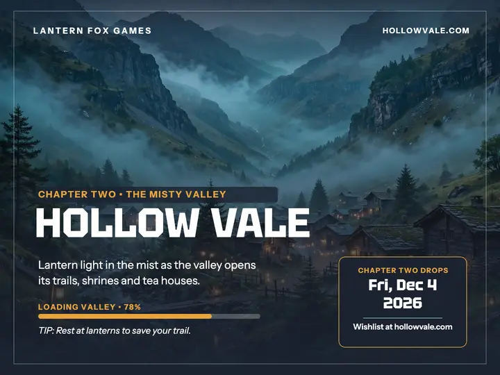 Hollow Vale chapter reveal slide: game launch slide template