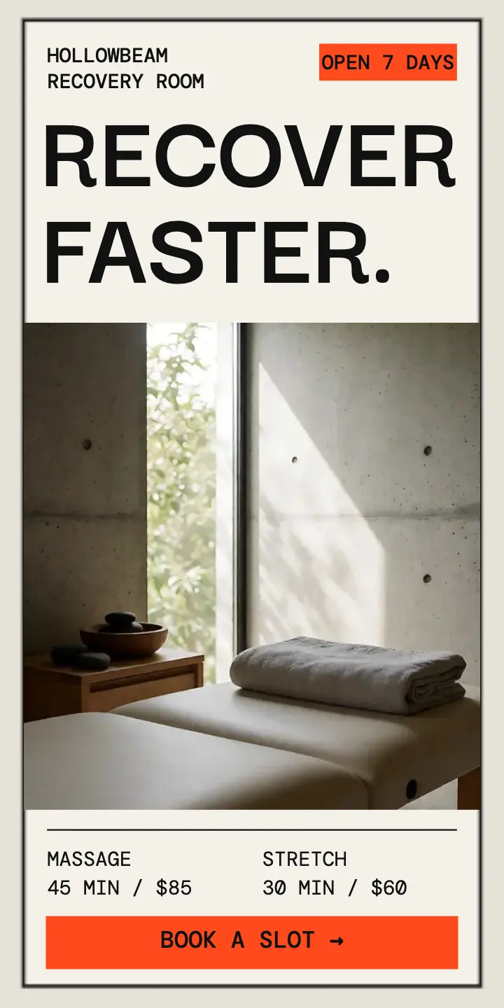 Hollowbeam Recovery Room half-page ad: sports recovery half page ad template