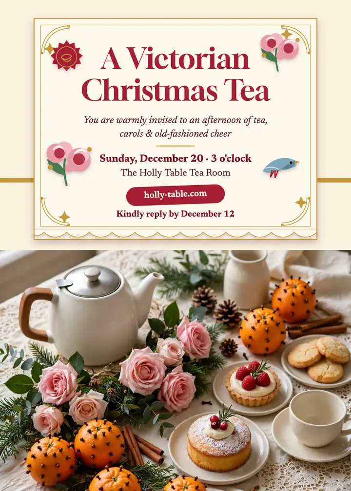 Holly Table Christmas tea invitation: christmas tea invitation template