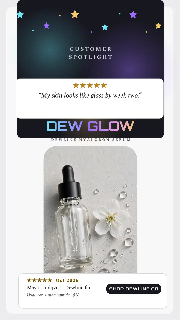 Dewline serum spotlight story, holographic: skincare serum spotlight story template